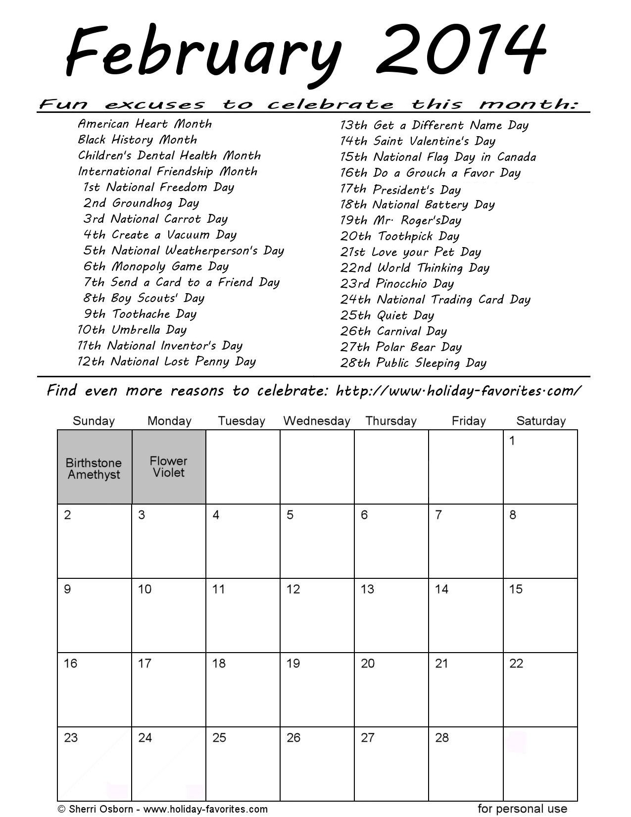Printable February 2014 Calendars Holiday Favorites