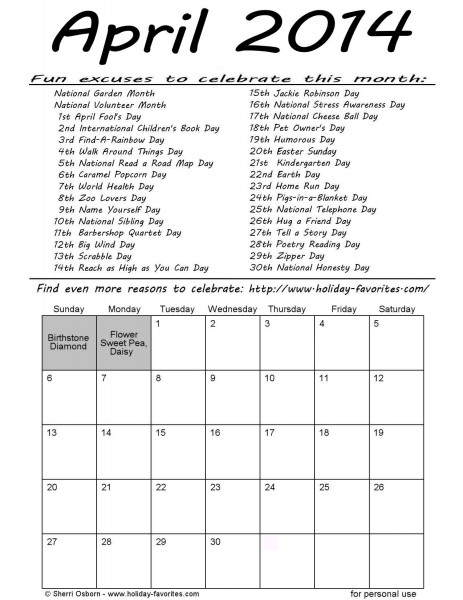 Printable April 2014 Specialdays Calendar 