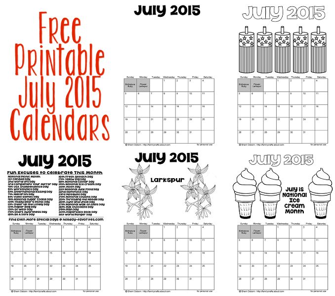 Printable July 2015 Calendars Holiday Favorites