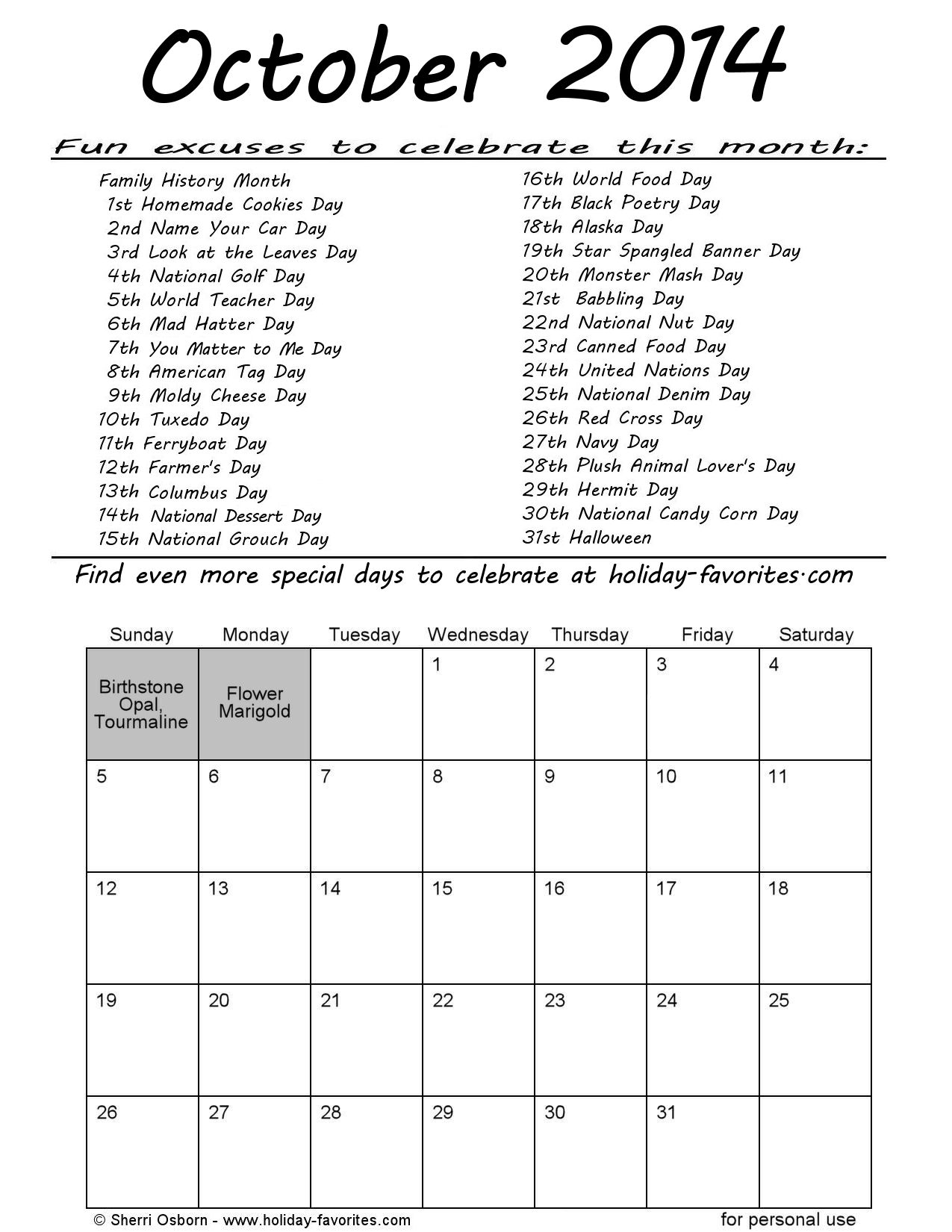 Printable October 2014 Calendars Holiday Favorites