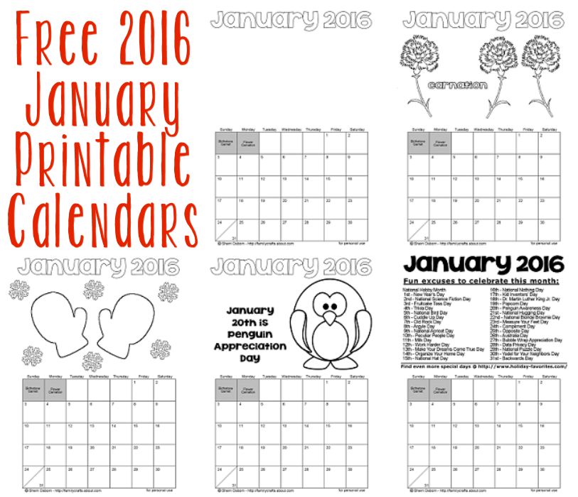 jan 2016 mini calendar free printable