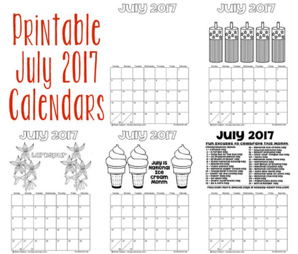 printable july 2017 calendars holiday favorites