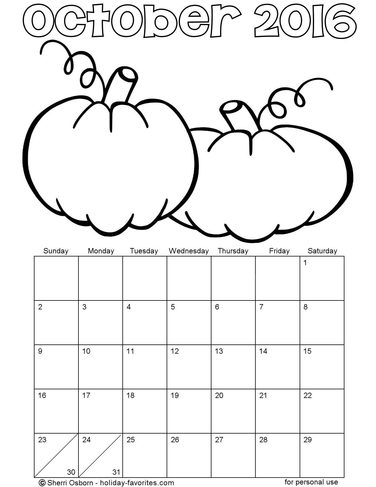 Printable October 2016 Calendars | Holiday Favorites
